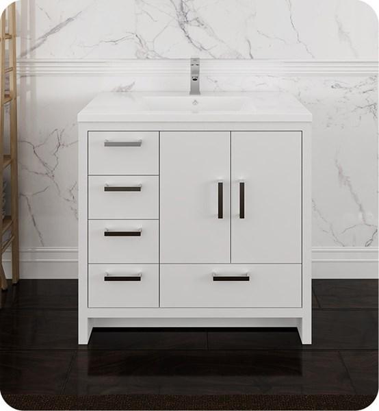 Fresca Imperia 36" Glossy White Free Standing Modern Bathroom Cabinet w/ Integrated Sink - Left Version | FCB9436WH-L-I