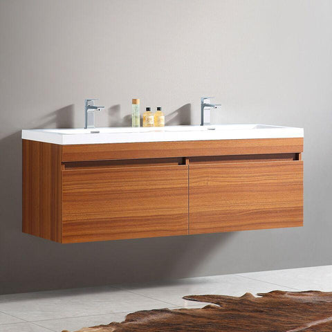 Image of Fresca Largo 57" Teak Modern Double Sink Bathroom Cabinet w/ Integrated Sinks FCB8040TK-I