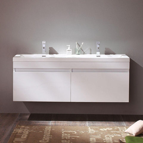 Image of Fresca Largo 57" White Modern Double Sink Bathroom Cabinet w/ Integrated Sinks FCB8040WH-I