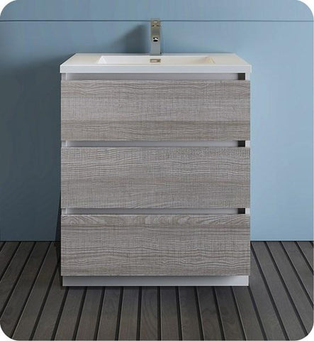 Image of Fresca Lazzaro 30" Glossy Ash Gray Free Standing Modern Bathroom Cabinet w/ Integrated Sink | FCB9330HA-I FCB9330HA-I