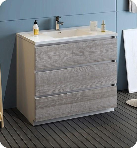 Image of Fresca Lazzaro 42" Glossy Ash Gray Free Standing Modern Bathroom Cabinet w/ Integrated Sink | FCB9342HA-I