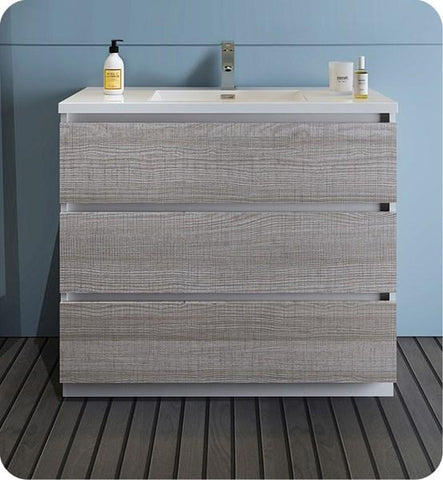 Image of Fresca Lazzaro 42" Glossy Ash Gray Free Standing Modern Bathroom Cabinet w/ Integrated Sink | FCB9342HA-I