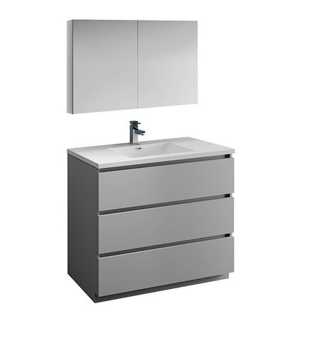 Image of Fresca Lazzaro 42" Gray Bath Bowl Vessel Drain Vanity Set w/ Cabinet & Faucet FVN9342GR-FFT1030BN