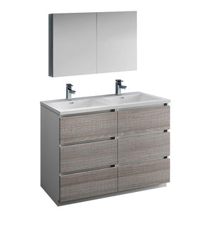 Fresca Lazzaro 48" Ash Gray Double Sink Bath Bowl Vanity Set w/ Cabinet/Faucet FVN93-2424HA-D-FFT1030BN
