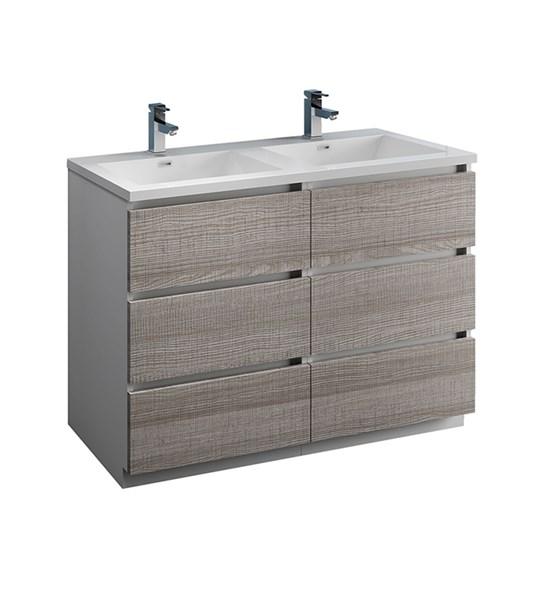 Fresca Lazzaro 48" Glossy Ash Gray Free Standing Modern Bathroom Cabinet w/ Integrated Double Sink | FCB93-2424HA-D-I