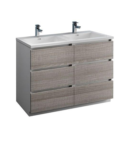 Image of Fresca Lazzaro 48" Glossy Ash Gray Free Standing Modern Bathroom Cabinet w/ Integrated Double Sink | FCB93-2424HA-D-I