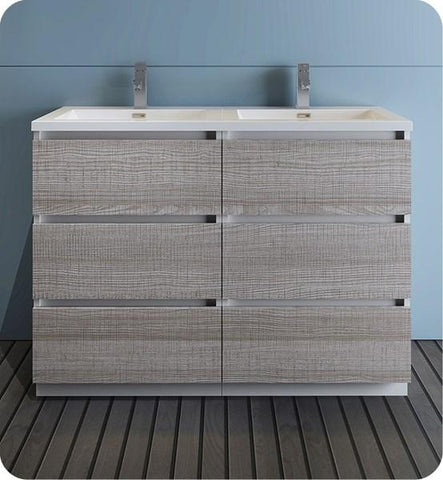 Image of Fresca Lazzaro 48" Glossy Ash Gray Free Standing Modern Bathroom Cabinet w/ Integrated Double Sink | FCB93-2424HA-D-I