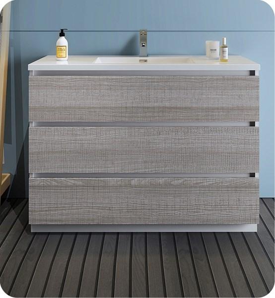 Fresca Lazzaro 48" Glossy Ash Gray Free Standing Modern Bathroom Cabinet w/ Integrated Sink | FCB9348HA-I