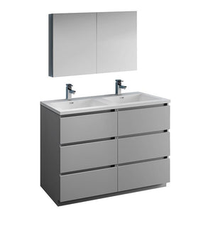 Fresca Lazzaro 48" Gray Double Sink Bath Bowl Vanity Set w/ Cabinet & Faucet FVN93-2424GR-D-FFT1030BN
