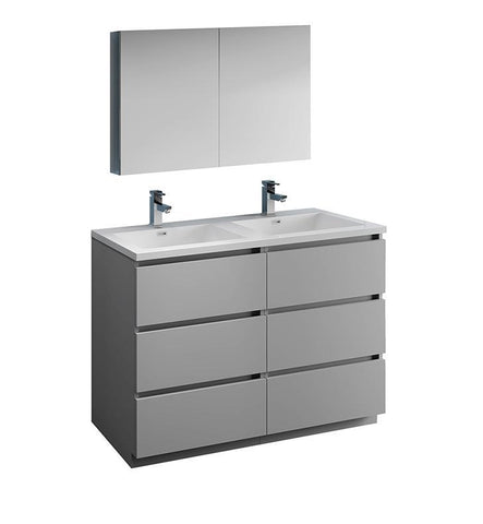 Image of Fresca Lazzaro 48" Gray Double Sink Bath Bowl Vanity Set w/ Cabinet & Faucet FVN93-2424GR-D-FFT1030BN