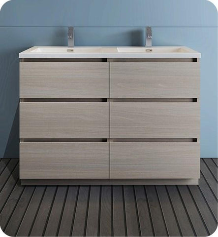 Image of Fresca Lazzaro 48" Gray Wood Free Standing Modern Bathroom Cabinet w/ Integrated Double Sink | FCB93-2424MGO-D-I