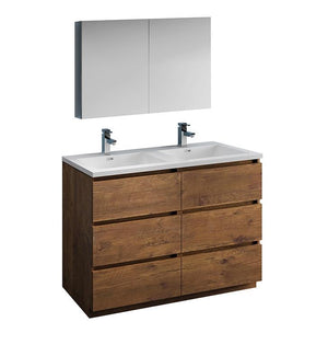 Fresca Lazzaro 48" Rosewood Double Sink Bath Bowl Vanity Set w/ Cabinet/Faucet FVN93-2424RW-D-FFT1030BN