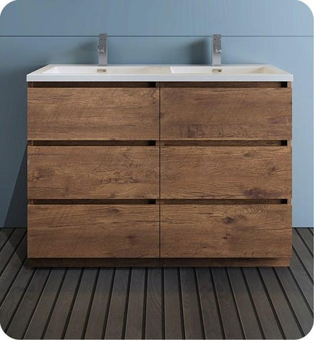 Image of Fresca Lazzaro 48" Rosewood Free Standing Modern Bathroom Cabinet w/ Integrated Double Sink | FCB93-2424RW-D-I