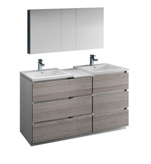 Fresca Lazzaro 60" Ash Gray Double Sink Bath Bowl Vanity Set w/ Cabinet/Faucet FVN93-241224HA-D-FFT1030BN