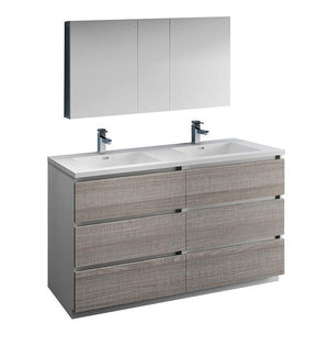 Fresca Lazzaro 60" Ash Gray Double Sink Bath Bowl Vanity Set w/ Cabinet/Faucet FVN93-3030HA-D-FFT1030BN