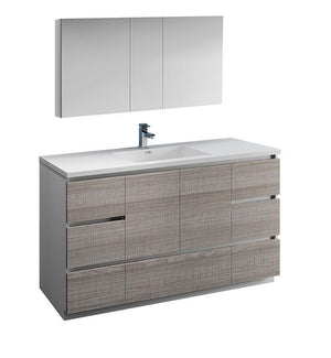 Fresca Lazzaro 60" Ash Gray Single Sink Bath Bowl Vanity Set w/ Cabinet/Faucet FVN9360HA-S-FFT1030BN