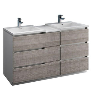 Fresca Lazzaro 60" Glossy Ash Gray Free Standing Double Sink Modern Bathroom Cabinet w/ Integrated Sinks | FCB93-241224HA-D-I
