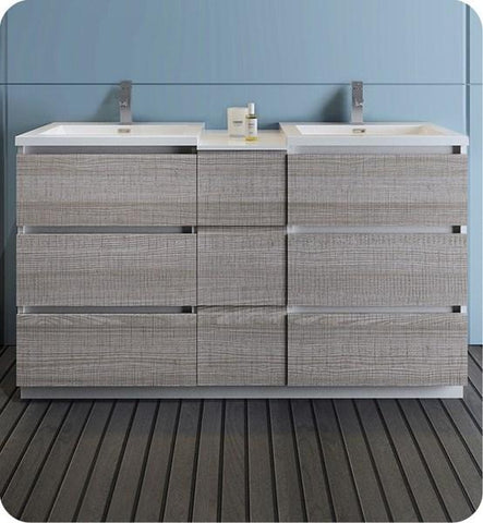 Image of Fresca Lazzaro 60" Glossy Ash Gray Free Standing Double Sink Modern Bathroom Cabinet w/ Integrated Sinks | FCB93-241224HA-D-I