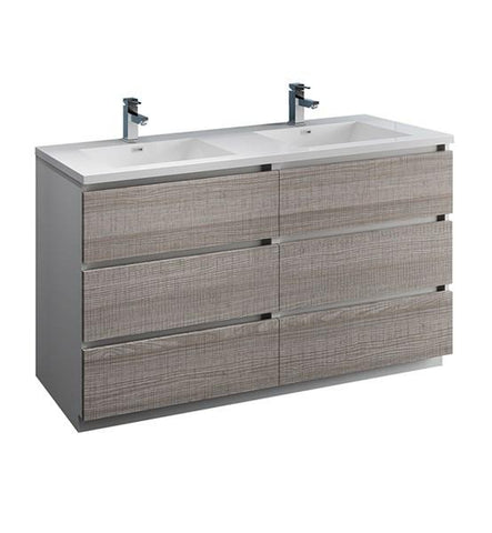 Image of Fresca Lazzaro 60" Glossy Ash Gray Free Standing Modern Bathroom Cabinet w/ Integrated Double Sink | FCB93-3030HA-D-I