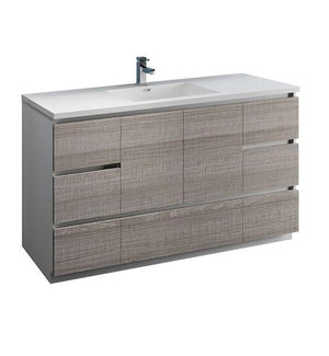 Fresca Lazzaro 60" Glossy Ash Gray Free Standing Modern Bathroom Cabinet w/ Integrated Single Sink | FCB9360HA-S-I