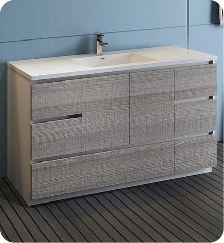 Image of Fresca Lazzaro 60" Glossy Ash Gray Free Standing Modern Bathroom Cabinet w/ Integrated Single Sink | FCB9360HA-S-I