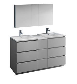 Fresca Lazzaro 60" Gray Double Sink Bath Bowl Vanity Set w/ Cabinet & Faucet FVN93-241224GR-D-FFT1030BN