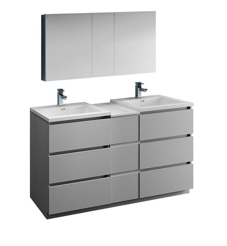 Image of Fresca Lazzaro 60" Gray Double Sink Bath Bowl Vanity Set w/ Cabinet & Faucet FVN93-241224GR-D-FFT1030BN