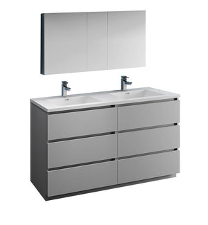 Fresca Lazzaro 60" Gray Double Sink Bath Bowl Vanity Set w/ Cabinet & Faucet FVN93-3030GR-D-FFT1030BN