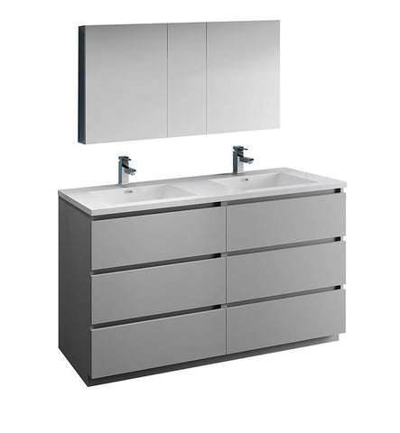 Image of Fresca Lazzaro 60" Gray Double Sink Bath Bowl Vanity Set w/ Cabinet & Faucet FVN93-3030GR-D-FFT1030BN