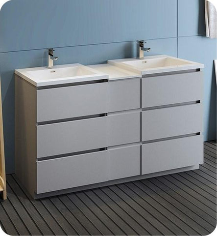 Image of Fresca Lazzaro 60" Gray Free Standing Double Sink Modern Bathroom Cabinet w/ Integrated Sinks | FCB93-241224GR-D-I