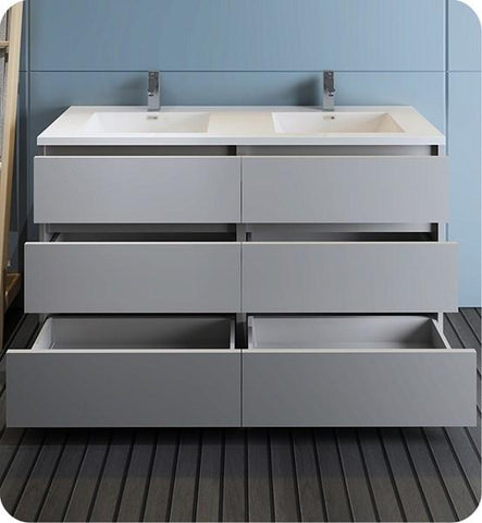 Image of Fresca Lazzaro 60" Gray Free Standing Modern Bathroom Cabinet w/ Integrated Double Sink | FCB93-3030GR-D-I