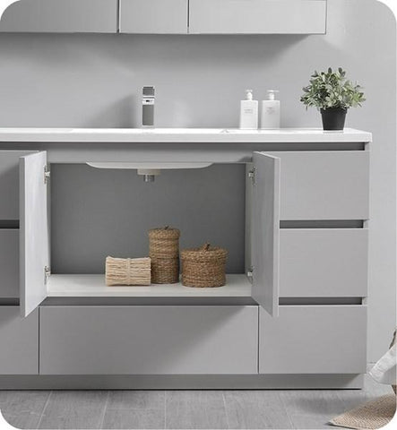 Image of Fresca Lazzaro 60" Gray Free Standing Modern Bathroom Cabinet w/ Integrated Single Sink | FCB9360GR-S-I