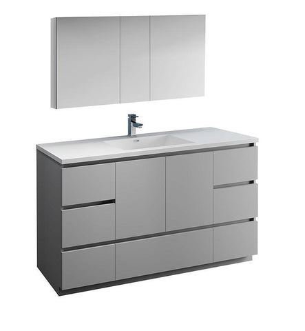 Image of Fresca Lazzaro 60" Gray Single Sink Bath Bowl Vanity Set w/ Cabinet & Faucet FVN9360GR-S-FFT1030BN