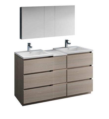 Image of Fresca Lazzaro 60" Gray Wood Double Sink Bath Vanity Set w/ Cabinet & Faucet FVN93-241224MGO-D-FFT1030BN