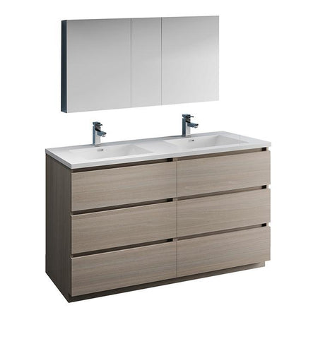 Image of Fresca Lazzaro 60" Gray Wood Double Sink Bath Vanity Set w/ Cabinet & Faucet FVN93-3030MGO-D-FFT1030BN