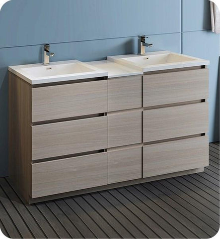Fresca Lazzaro 60" Gray Wood Free Standing Double Sink Modern Bathroom Cabinet w/ Integrated Sinks | FCB93-241224MGO-D-I