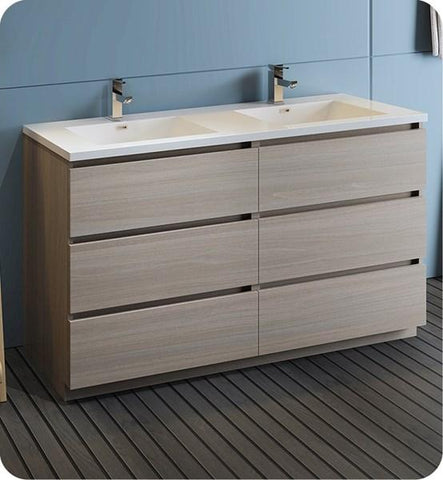 Image of Fresca Lazzaro 60" Gray Wood Free Standing Modern Bathroom Cabinet w/ Integrated Double Sink | FCB93-3030MGO-D-I
