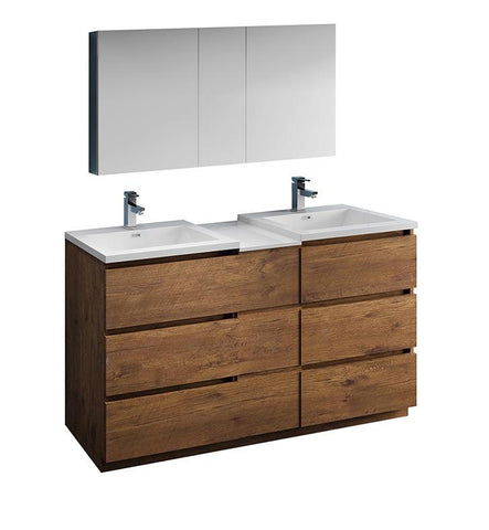 Image of Fresca Lazzaro 60" Rosewood Double Sink Bath Bowl Vanity Set w/ Cabinet/Faucet FVN93-241224RW-D-FFT1030BN