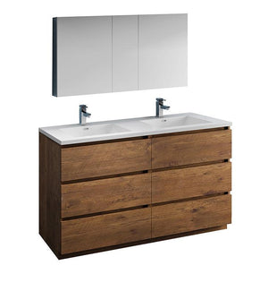 Fresca Lazzaro 60" Rosewood Double Sink Bath Bowl Vanity Set w/ Cabinet/Faucet FVN93-3030RW-D-FFT1030BN