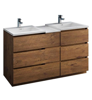 Fresca Lazzaro 60" Rosewood Free Standing Double Sink Modern Bathroom Cabinet w/ Integrated Sinks | FCB93-241224RW-D-I