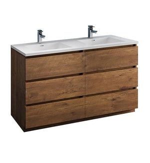 Fresca Lazzaro 60" Rosewood Free Standing Modern Bathroom Cabinet w/ Integrated Double Sink | FCB93-3030RW-D-I