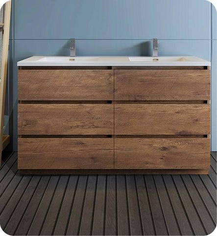 Image of Fresca Lazzaro 60" Rosewood Free Standing Modern Bathroom Cabinet w/ Integrated Double Sink | FCB93-3030RW-D-I