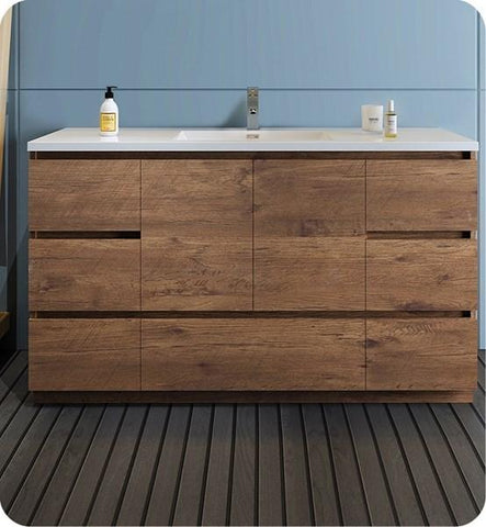 Image of Fresca Lazzaro 60" Rosewood Free Standing Modern Bathroom Cabinet w/ Integrated Single Sink | FCB9360RW-S-I