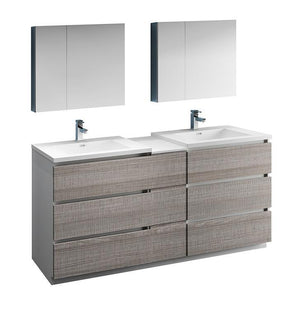 Fresca Lazzaro 72" Ash Gray Double Sink Bath Bowl Vanity Set w/ Cabinet/Faucet FVN93-301230HA-D-FFT1030BN