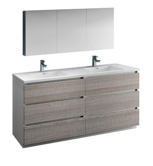Fresca Lazzaro 72" Ash Gray Double Sink Bath Bowl Vanity Set w/ Cabinet/Faucet FVN93-3636HA-D-FFT1030BN
