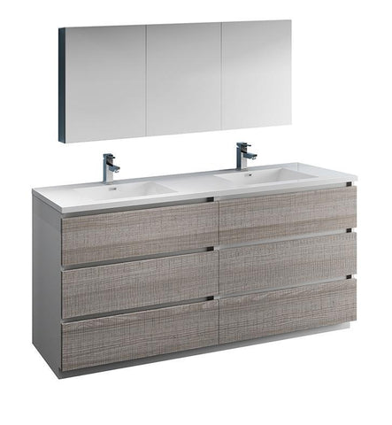 Image of Fresca Lazzaro 72" Ash Gray Double Sink Bath Bowl Vanity Set w/ Cabinet/Faucet FVN93-3636HA-D-FFT1030BN