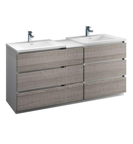 Image of Fresca Lazzaro 72" Glossy Ash Gray Free Standing Double Sink Modern Bathroom Cabinet w/ Integrated Sinks | FCB93-301230HA-D-I