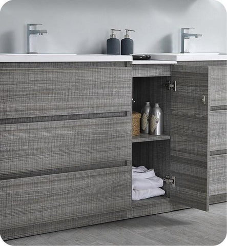 Image of Fresca Lazzaro 72" Glossy Ash Gray Free Standing Double Sink Modern Bathroom Cabinet w/ Integrated Sinks | FCB93-301230HA-D-I