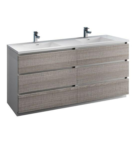 Image of Fresca Lazzaro 72" Glossy Ash Gray Free Standing Modern Bathroom Cabinet w/ Integrated Double Sink | FCB93-3636HA-D-I