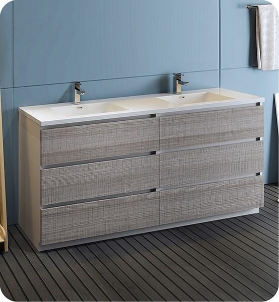 Fresca Lazzaro 72" Glossy Ash Gray Free Standing Modern Bathroom Cabinet w/ Integrated Double Sink | FCB93-3636HA-D-I